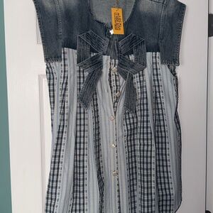 Denim Blue Striped Button Front Short Dress/ Tunic with Bow